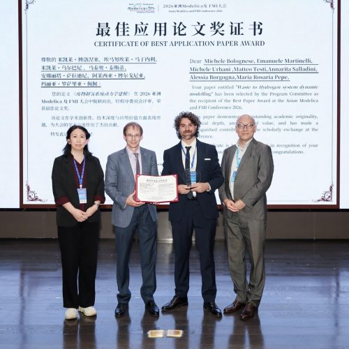 In the photo: Chief Scientist and CTO of Nanjing Yuansi SimTek; RUI Gao - organiser of this first Modelica event in China and Secretary of the Board of the Modelica Association; Michele Bolognese and Dirk Zimmer (Presidente of Modelica Association and coordinator for Methods and Tools at the DLR Institute of System Dynamics and Control